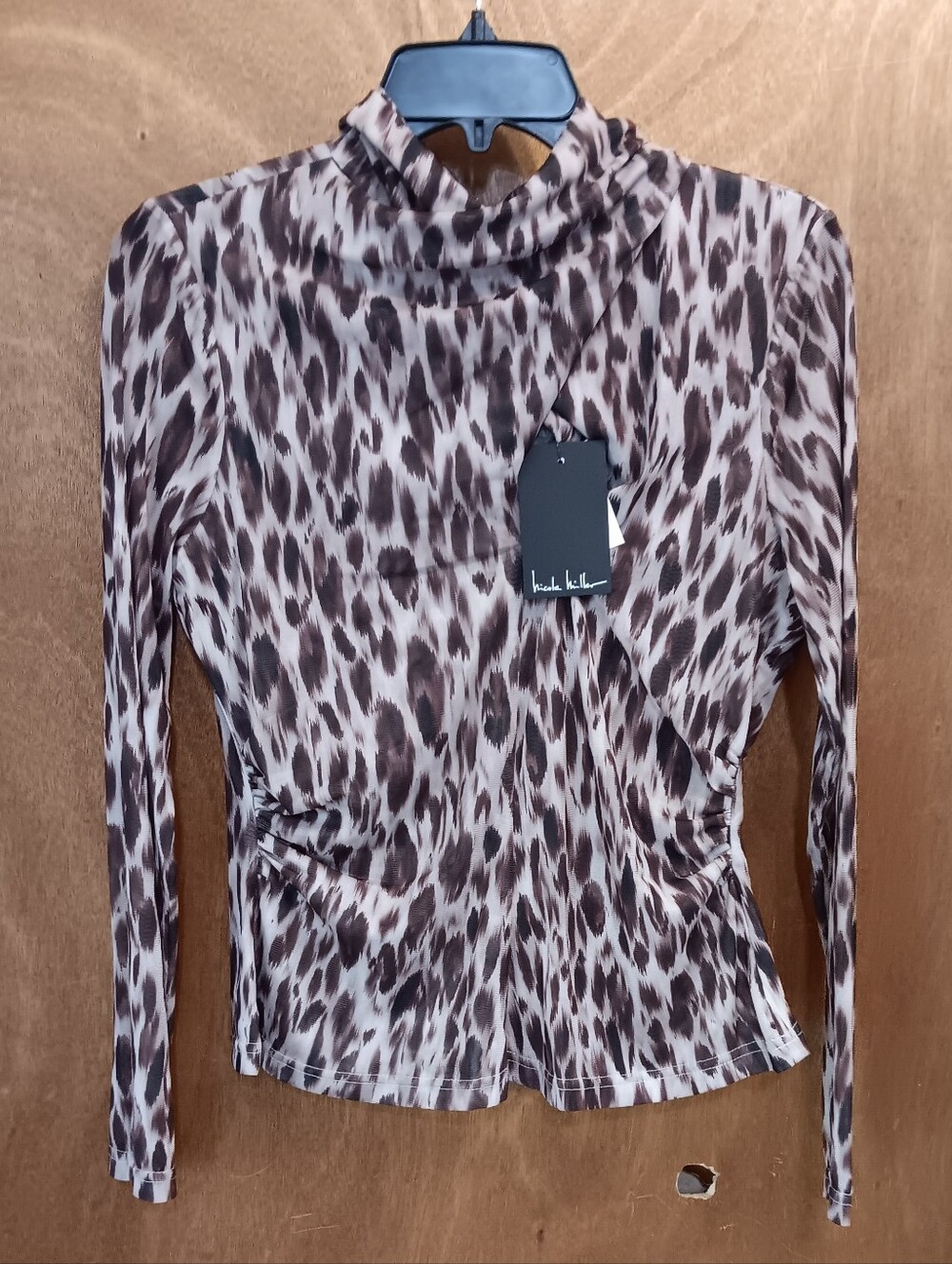Nicole Miller Brown Leopard-Print Long Sleeve Mock Neck Top